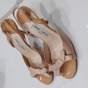 Jimmy Choo Tan Patent Leather High Heeled Sandals with Bows EU 37